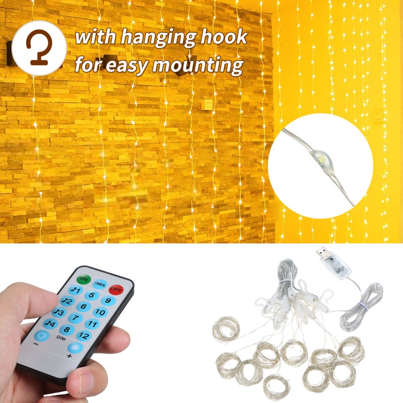 300 LEDs Fairy Curtain Lights with Remote Control 3*3 Meters Voice Activated Sync Function Window String Light USB Powered Copper Twinkle Lights for Bedroom Party Wedding Wall Decoration - Image 3