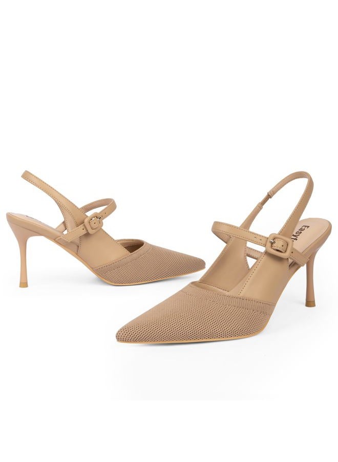 Easyfox Closed Toe Heels for Women Pointed Toe Stiletto Knitted Slingback Heels Womens Pumps Wedding Dress Shoes, Nude, 8 - Image 3