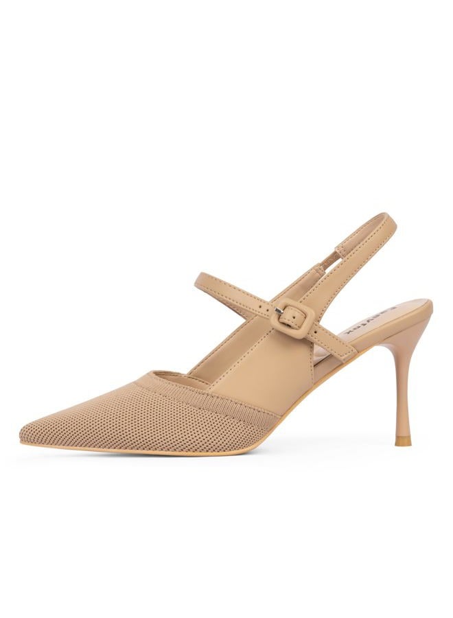 Easyfox Closed Toe Heels for Women Pointed Toe Stiletto Knitted Slingback Heels Womens Pumps Wedding Dress Shoes, Nude, 8 - Image 2