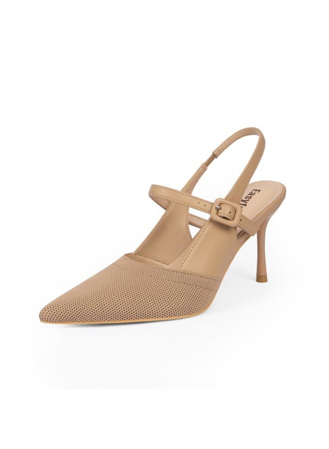Easyfox Closed Toe Heels for Women Pointed Toe Stiletto Knitted Slingback Heels Womens Pumps Wedding Dress Shoes, Nude, 8 - Image 1