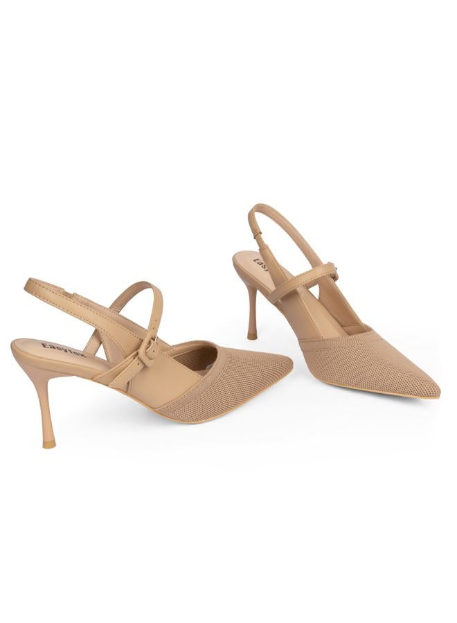 Easyfox Closed Toe Heels for Women Pointed Toe Stiletto Knitted Slingback Heels Womens Pumps Wedding Dress Shoes, Nude, 8 - Image 4