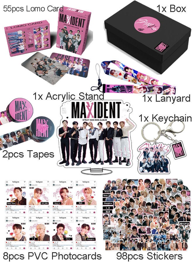 Generic 166-piece Kpop SKZ Stray Kids Album MAXIDENT Merch Sets Lomo Cards Photocards Stickers Lanyards Keychain Tape Standing Sign Set  - Image 2