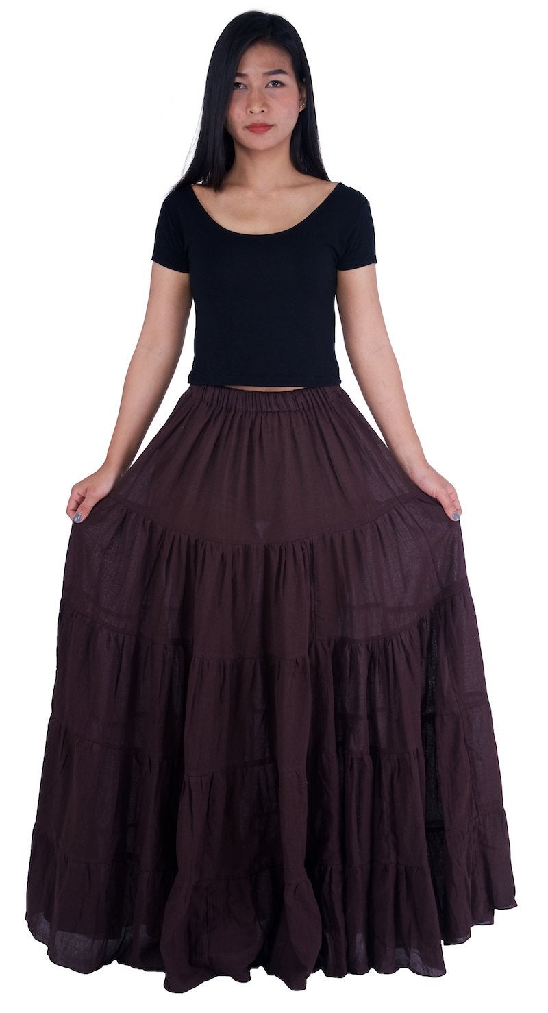 Lannaclothesdesign Womens Cotton Long Ruffle Full Circle Long Skirts Maxi Skirt Lenght 37 inches Brown