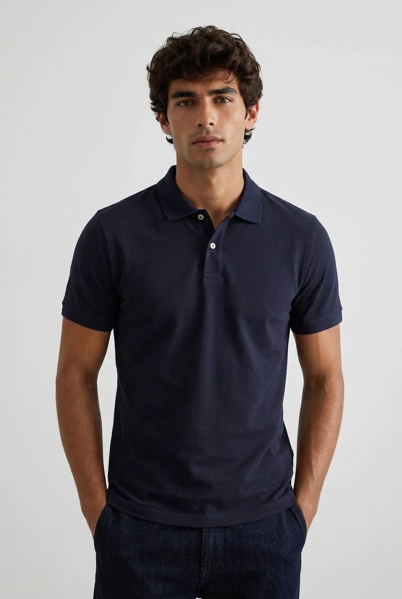 او في اس OVS Black Pure Cotton Piquã© Polo With Classic Collar, Regular Fit