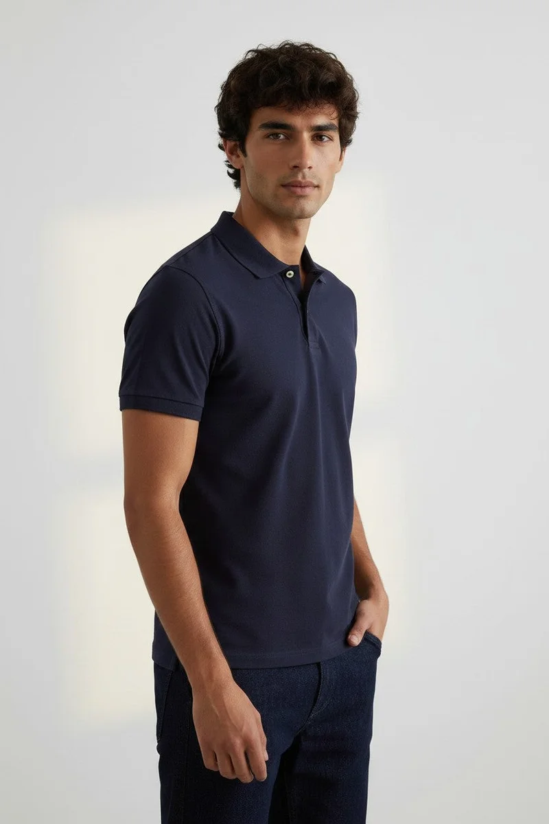 او في اس OVS Black Pure Cotton Piquã© Polo With Classic Collar, Regular Fit