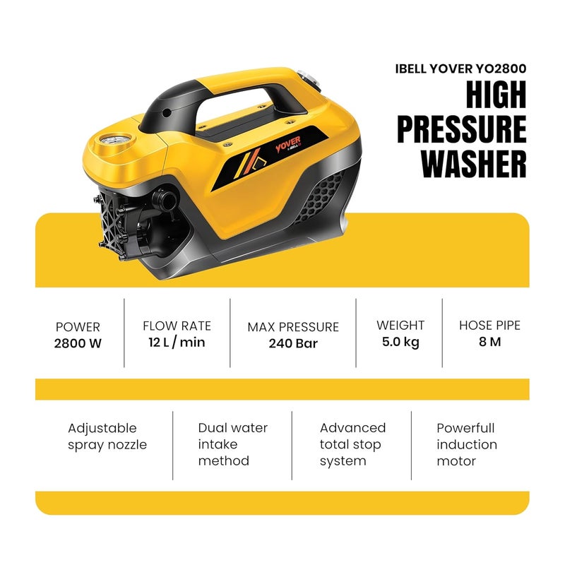 IBELL YO2800 High Pressure Washer 2800W Induction Motor 240 Bar Car Washer High Pressure Gun 12 LMin Flow 8M Hose Portable Pressure Washer for Car Bike Home Outdoor Cleaning - Image 3
