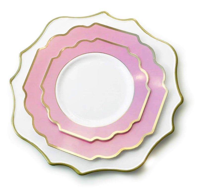 OCCASIONS FINEST PLA "" OCCASIONS "" 50 Plates Pack (25 Guests)-Heavyweight Wedding Party Disposable Plastic Plate Set -(25x10.5'' Dinner + 25x8'' Salad/Dessert) (Imperial in Rose Pink & Gold) - Image 3