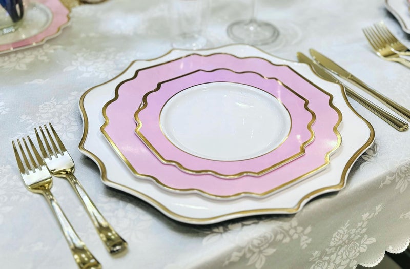 OCCASIONS FINEST PLA "" OCCASIONS "" 50 Plates Pack (25 Guests)-Heavyweight Wedding Party Disposable Plastic Plate Set -(25x10.5'' Dinner + 25x8'' Salad/Dessert) (Imperial in Rose Pink & Gold) - Image 2