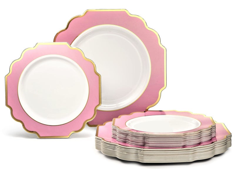 OCCASIONS FINEST PLA "" OCCASIONS "" 50 Plates Pack (25 Guests)-Heavyweight Wedding Party Disposable Plastic Plate Set -(25x10.5'' Dinner + 25x8'' Salad/Dessert) (Imperial in Rose Pink & Gold) - Image 1