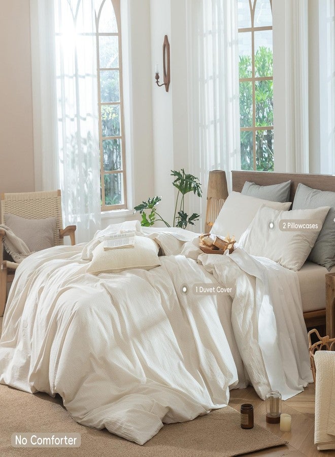 مومى طقم غطاء لحاف مخطط من مومي، مصنوع من القطن المغسول بنسبة 100%، ذو ملمس يشبه الكتان، يسمح بمرور الهواء، متين، ناعم ومريح (لون رمادي فاتح مخطط، مقاس كاليفورنيا كينج 104 × 98 بوصة). - Image 2