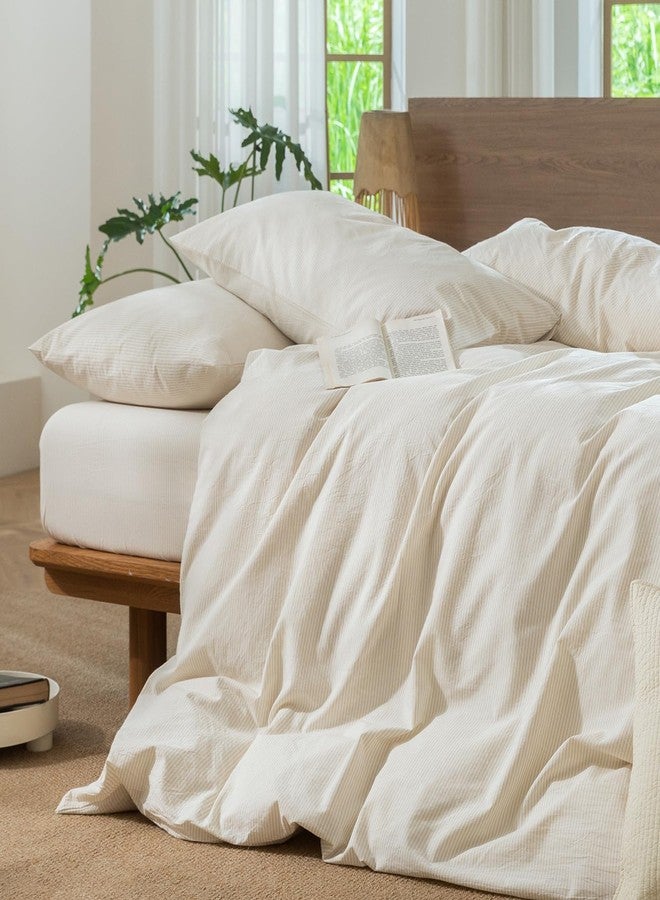 مومى طقم غطاء لحاف مخطط من مومي، مصنوع من القطن المغسول بنسبة 100%، ذو ملمس يشبه الكتان، يسمح بمرور الهواء، متين، ناعم ومريح (لون رمادي فاتح مخطط، مقاس كاليفورنيا كينج 104 × 98 بوصة). - Image 5