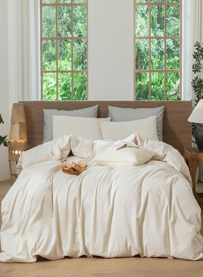 مومى طقم غطاء لحاف مخطط من مومي، مصنوع من القطن المغسول بنسبة 100%، ذو ملمس يشبه الكتان، يسمح بمرور الهواء، متين، ناعم ومريح (لون رمادي فاتح مخطط، مقاس كاليفورنيا كينج 104 × 98 بوصة). - Image 1