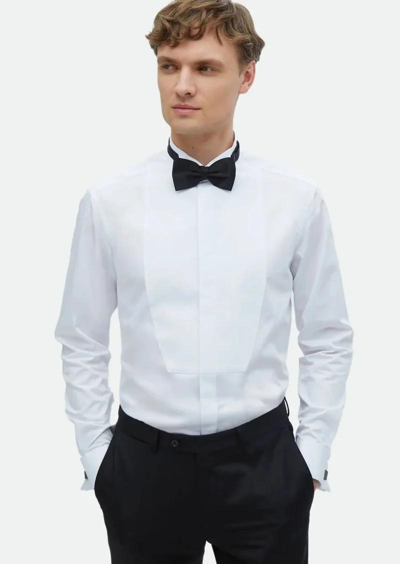RAMSEY White Plain Regular Fit Double Cuff Wing Collar Tuxedo Shirts