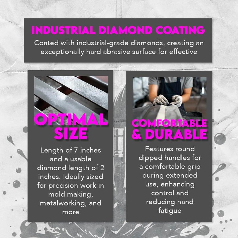 SE 74330DF 6Piece Flat Diamond Grit File Set MultiGrit for Metals Glass Stones 7 Length 2 Diamond Surface Round Handles Includes PVC Pouch - Image 2