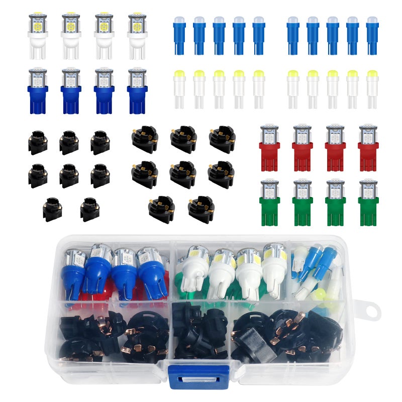 Alopee 52PCS LED Dash Lights and Socket Kits 194 168 T10 2721 74 T5 12V LED Replacement Bulb Sets for Gauge Cluster Panel Indicator Gear Shifter Light with One Rectangular Storage Box