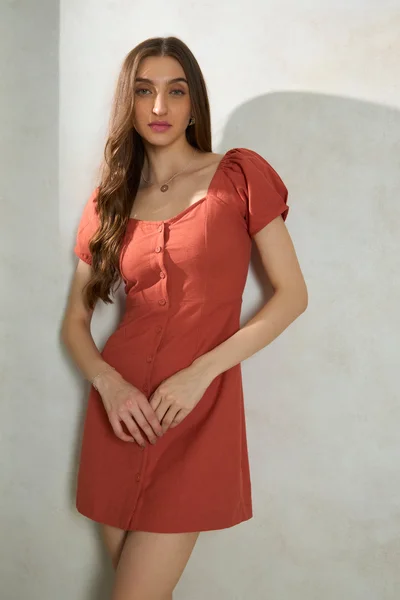 فيرجيو Linen Button Daywear Mini Dresses for Women