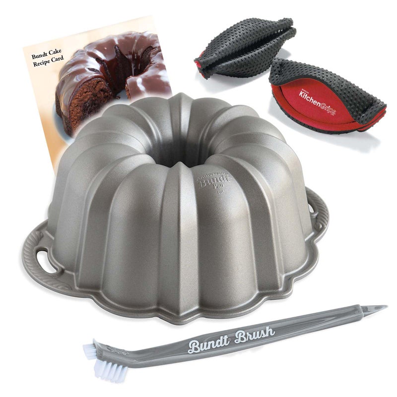 NORDIC WARE Nordic Ware Platinum Silver Anniversary 12 Cup Bundt Pan With Cleaning Tool  Kitchen Grips Pot Holder and Recipe Card 