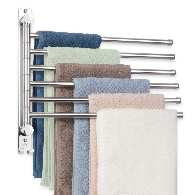 Towel Rack Wall Mounted JSVER Bathroom Towel Rack Space Saving Towel Holder Swivel SUS304 Stainless Steel Towel Bar 180 Rotation 6 Arms Towel Racks for Bathroom