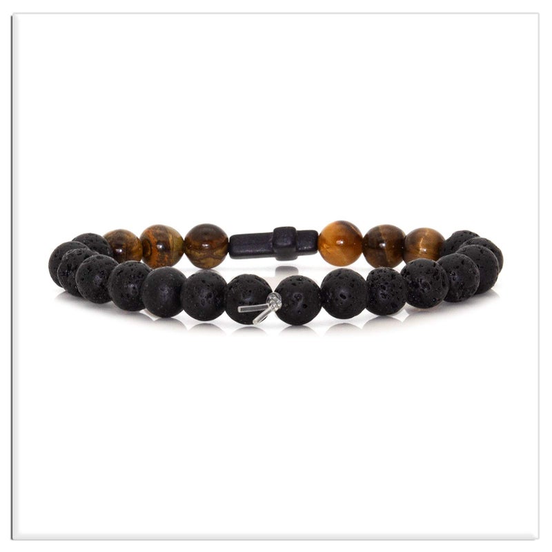 Xusamss Cross Bead Bracelet 8MM Lava Rock Turquoise Tiger Eye Onyx Stone Bracelet,7 1/2 wrist(Three Tiger Eye Turquoise_Lava) - Image 3