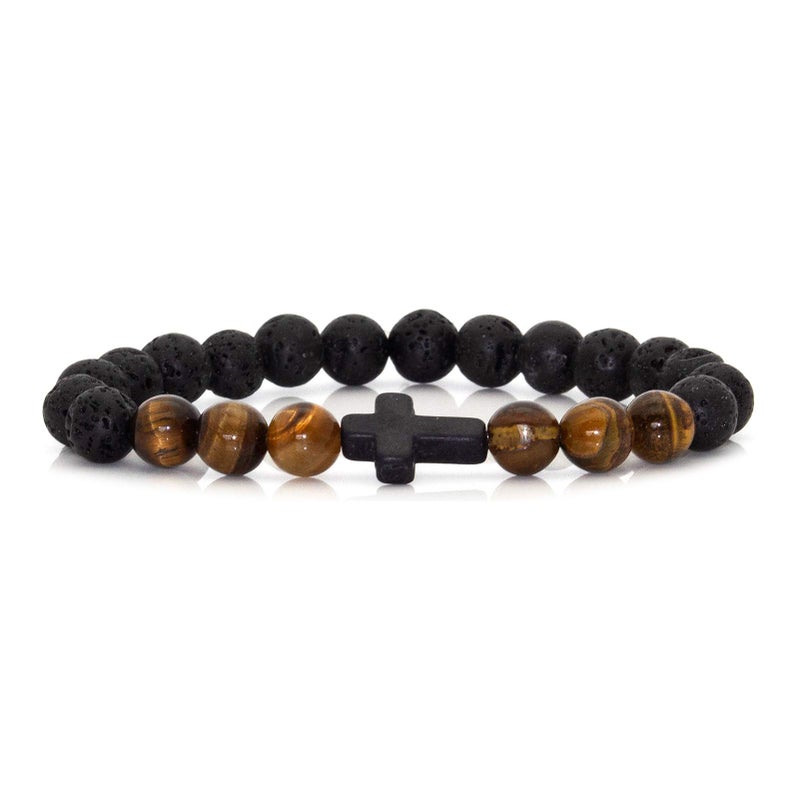 Xusamss Cross Bead Bracelet 8MM Lava Rock Turquoise Tiger Eye Onyx Stone Bracelet,7 1/2 wrist(Three Tiger Eye Turquoise_Lava) - Image 1