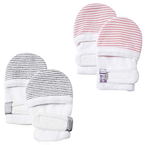 HAPIU Baby No Scratch Mittens,Newborn Baby Mittens,Gray&Pink Stripe,6-12 Months - Image 1