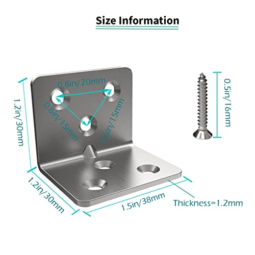 Aufuga Silver Stainless Steel Corner Bracket,Joint Right Angle Bracket,L Shape Heavy Duty Metal Corner Brace Shelf Supporter for Wood Aufuga (20, 1.5x1.2x1.2) - Image 3