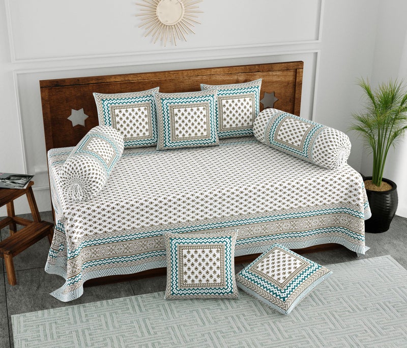 BLOCKS OF INDIA 200Tc Diwan Set Cotton 8 Piece | Deewan Printed Bedsheet Sets for Living Room Hall (Set of 8 Piece, 1-Bed Sheet | 2-Bolster Cover | 5-Cushion Cover (Color 21, White, Green) - Image 1
