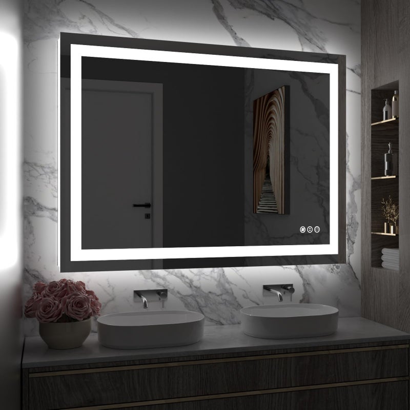 مرآة حمام LED أموره 48 × 36 مع إضاءة أمامية وخلفية قابلة للتعتيم بدون خطوات مع مرايا حائط مضادة للضباب ومضادة للكسر بذاكرة 3 ألوان مرآة تجميل مزدوجة LED