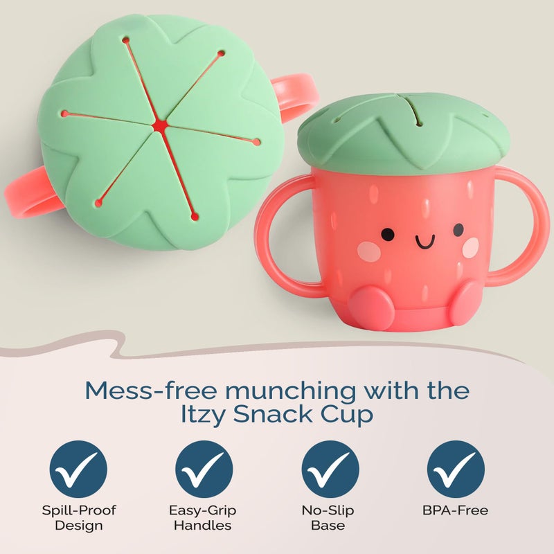 Itzy Ritzy Toddler Snack Cup - Spill-Proof Snack Cup for Toddlers with Soft Silicone Lid for Easy Food Access - Easy-To-Hold Kids Snacks Container With Handles - Ideal for 12 months & Up (Strawberry) - Image 3