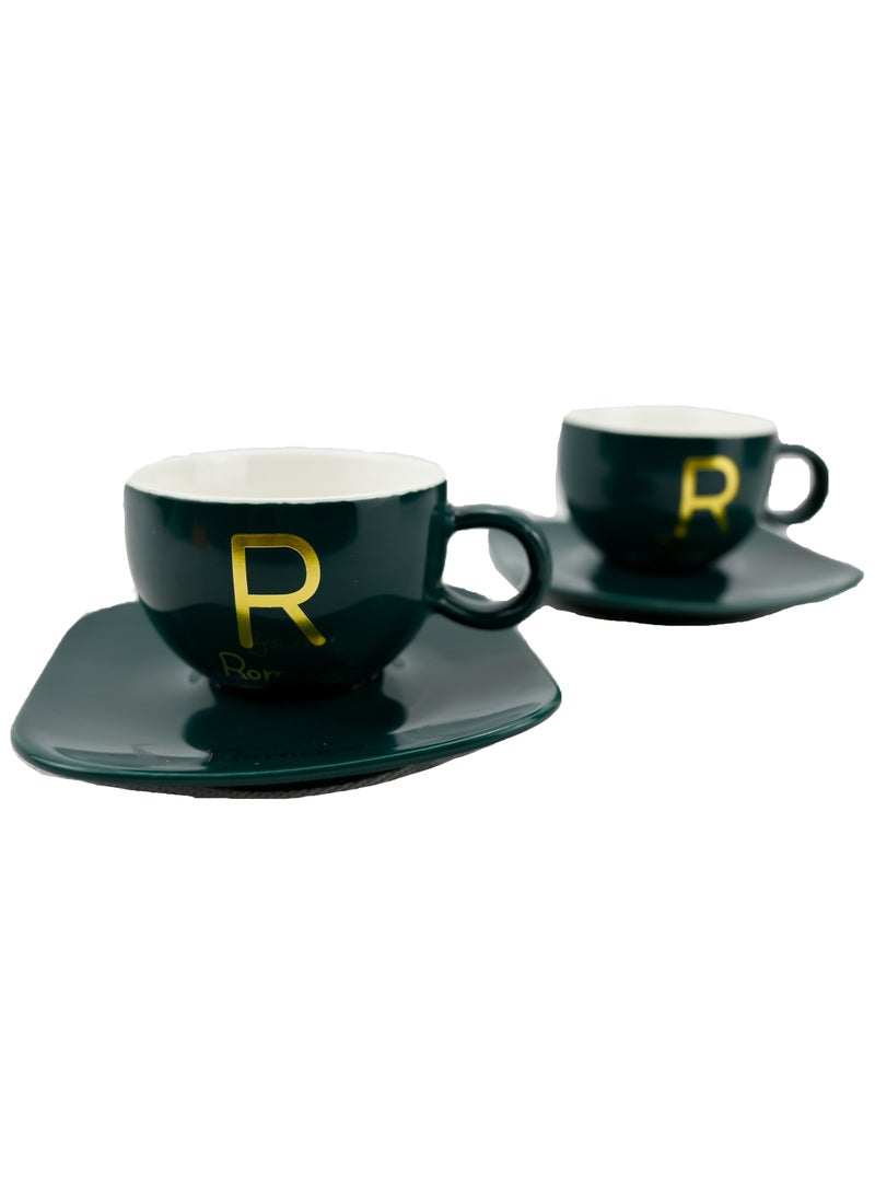 Roman Gift Set Ceramic Espresso Cups, Romace Green Espresso Mugs with Saucer, Set of 2