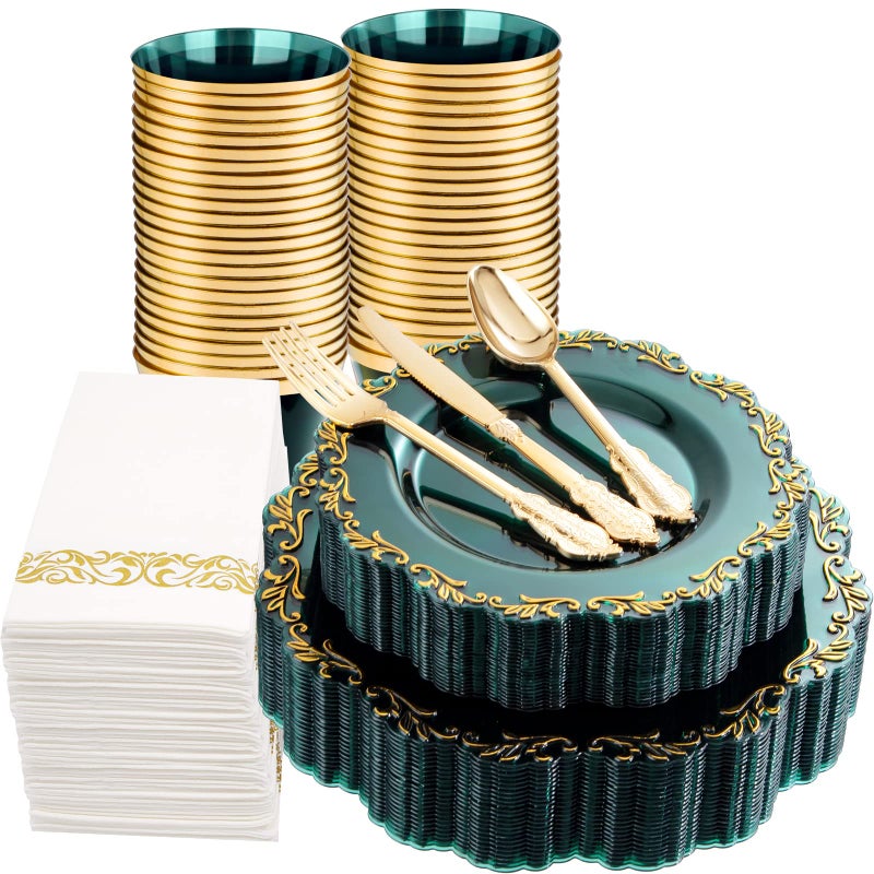 PULOTE 175PCS Clear Green Plastic Plates  Gold Plastic Silverware  Clear Green Cups  Gold Napkins Service 25 Guest for PartyChristmas