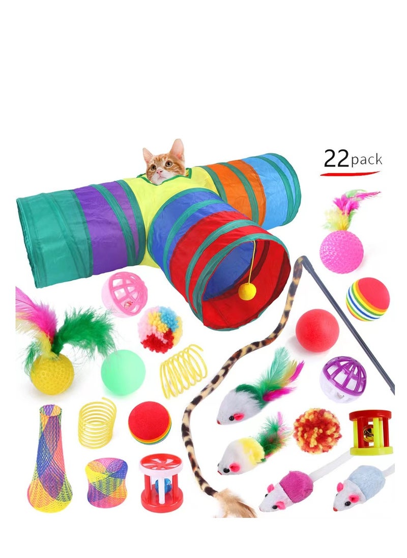 xppier 22 Pcs Cat Toys,Kitten Toys,Cat Toys Interactive Accessories for Indoor Cats,Cat Tunnel,Variety Teaser Wand with Feathers,Cat Toys for Kittens Biting,Catnip Fish,Mice,Balls for Cat Pet Lovers 