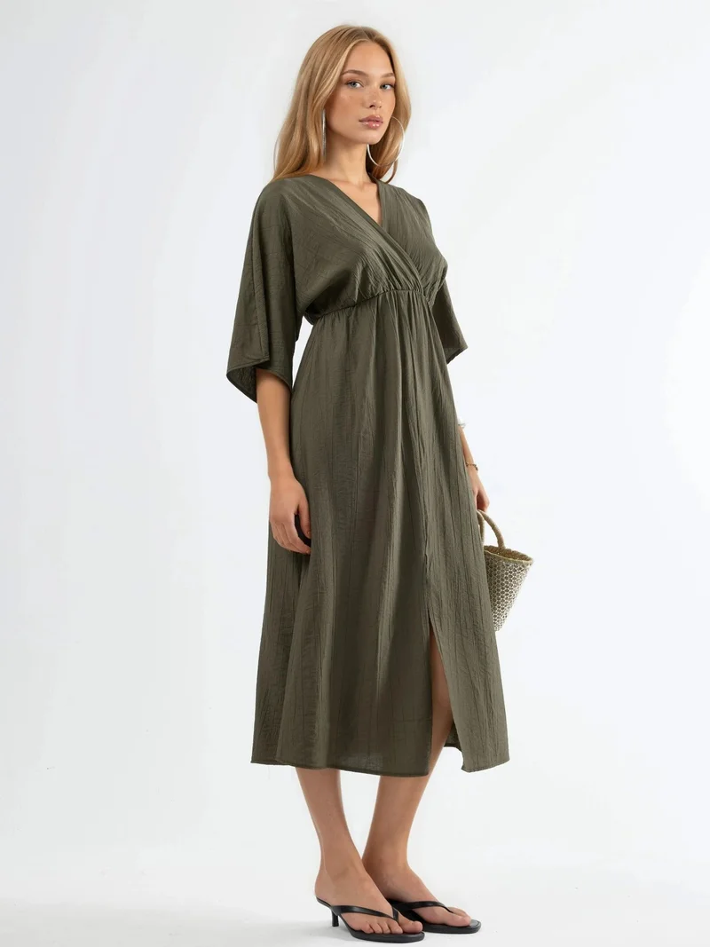 Busem BUSEM V-Neck Midi Wrap Dress with Three Quarter Sleeves