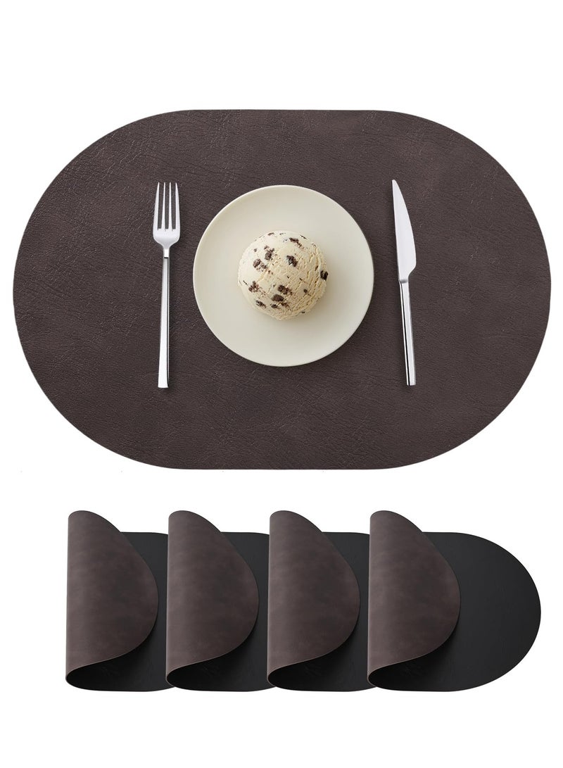 Oval Placemats Set of 4, Faux Leather Place Mats for Dining Table Dual Sided Placemats Heat Resistant Washable Wipeable Table Mats for Indoor Outdoor, Dark Black/Brown - Image 1