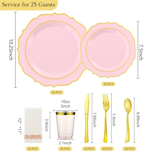 ISFANGCO 175 PCS Pink Plastic Plates for 25 Guests, Pink and Gold Disposable Dinnerware Set for Party Wedding Include 25 Dinner & 25 Dessert Plates, Spoons, Forks, Knives, Cups, 25 Napkins - Image 3
