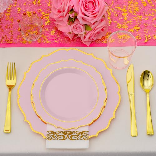 ISFANGCO 175 PCS Pink Plastic Plates for 25 Guests, Pink and Gold Disposable Dinnerware Set for Party Wedding Include 25 Dinner & 25 Dessert Plates, Spoons, Forks, Knives, Cups, 25 Napkins - Image 5