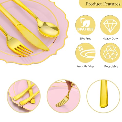 ISFANGCO 175 PCS Pink Plastic Plates for 25 Guests, Pink and Gold Disposable Dinnerware Set for Party Wedding Include 25 Dinner & 25 Dessert Plates, Spoons, Forks, Knives, Cups, 25 Napkins - Image 4