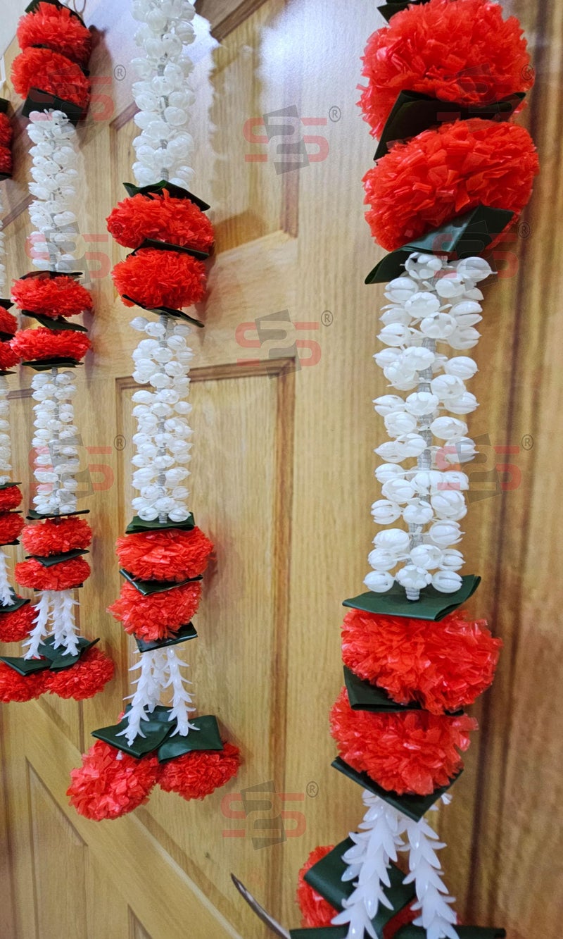 S2S Artificial Marigold Jasmine,Mogra Flower,Green Leaves Tassles Garlands Ladi Strings for Decoration of Home,Balcony,Wall Hangings,Hall | Pack of 5 | (Height- 30 Inch) (MOGRA RED Flowers) - Image 2