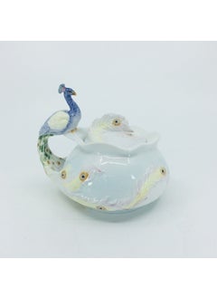 Wise Unicorn Peacock Figured Glazed Porcelain Decorative Lidded Sugar Bowl  - Image 1