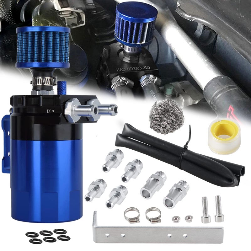 YESHMA Universal Oil Catch Can Breather Tank Baffled Filter With 3/8" Fuel Line,Aluminum,300ml(Black+Blue)