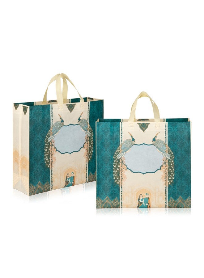 Drapme Wedding Special Reusable Non-Woven Laminated Gift Bags, Wedding Gifts, Shagun, Traditional Gifting, Saree Mithai Chandi Carry Bag (Peacock Bhaji Blue, L-15.5x15x5, Pack of 10) - Image 1