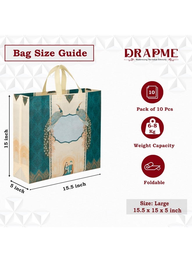 Drapme Wedding Special Reusable Non-Woven Laminated Gift Bags, Wedding Gifts, Shagun, Traditional Gifting, Saree Mithai Chandi Carry Bag (Peacock Bhaji Blue, L-15.5x15x5, Pack of 10) - Image 2