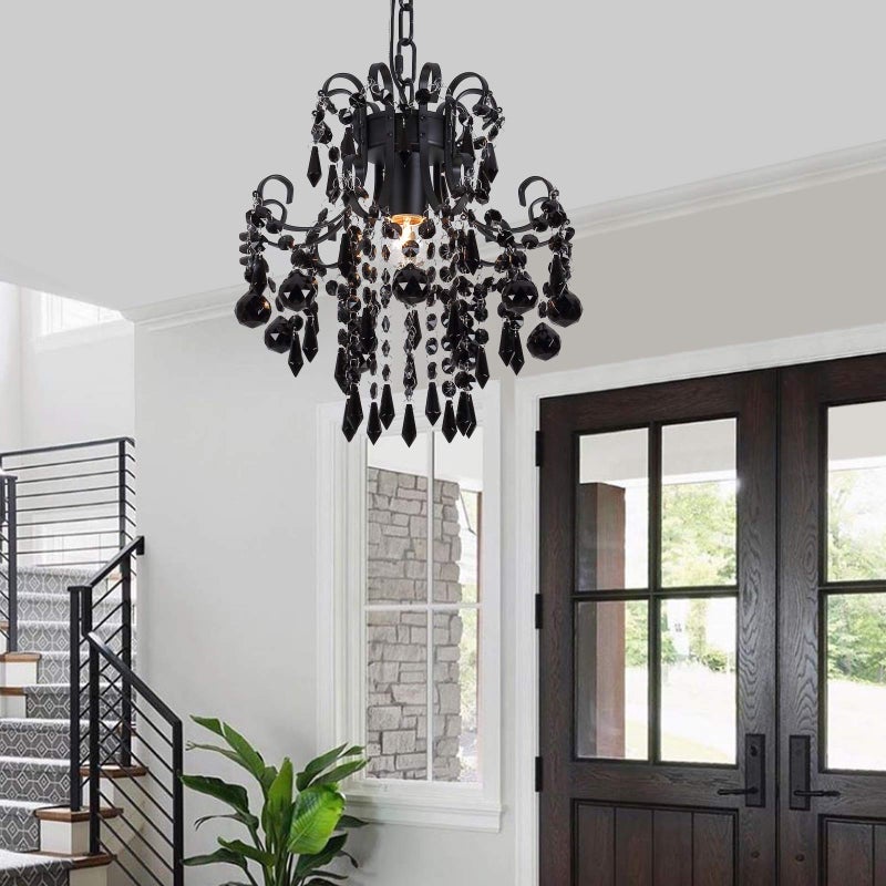 QS Q&S Mini Crystal Chandelier, Modern Black Small Chandelier 1-Light Crystal Pendant Light Fixture for Princess House Nursery Girls Hallway Entryway Bedroom Foyer Bathroom Kitchen W11.8 UL Listed - Image 3