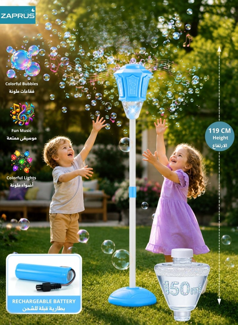 Zaprus Automatic Vertical Bubble Machine for Parties - 2-Level Adjustable Height Standing Bubble Maker with Lights & Music - Rechargeable Battery Outdoor Bubble Blower for Kids, Weddings & Birthdays - Image 1