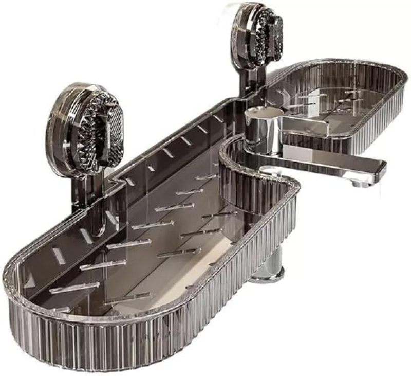 Suction Cup Storage Shelf: Grey, No-Drill Design - Space-Saving Wall-Mounted Shelf for Kitchen, Bathroom Over Sink Use - Image 1