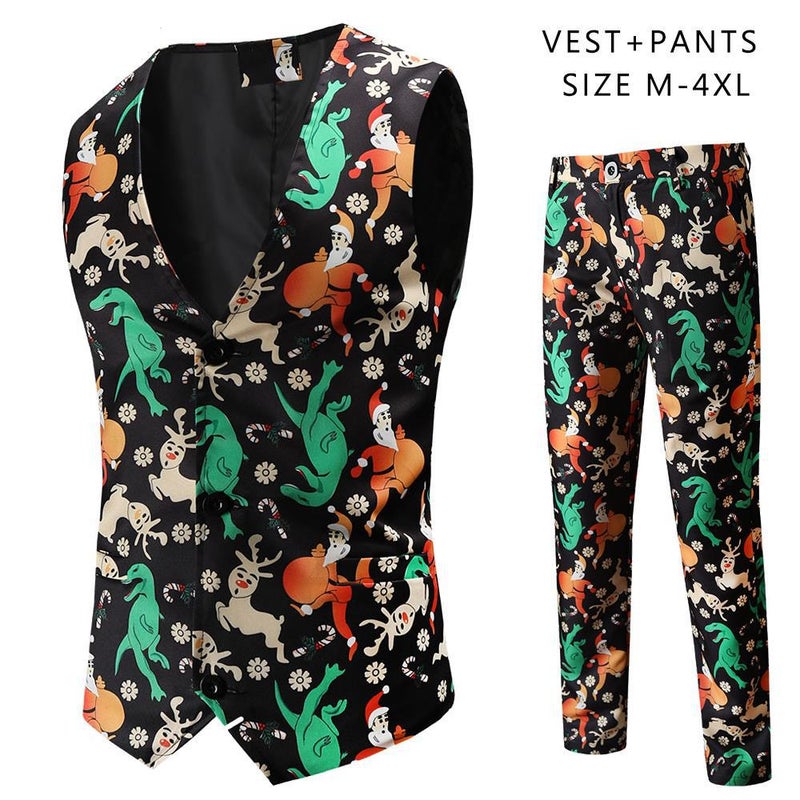 Trade Christmas Vest And Trousers Suit 2-Piece Printed Casual Suit Novel Suit - Image 2