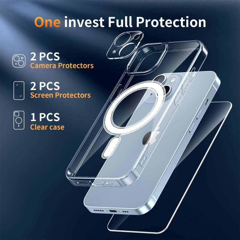 YNMEacc 5 in 1 Magnetic for iPhone 14 Case 6.1-Inch with 2X Screen Protector + 2 Lens Protector, [Compatible with MagSafe] Slim Soft TPU Silicone Shockproof Anti-Scratch Phone Cover - Clear - Image 3