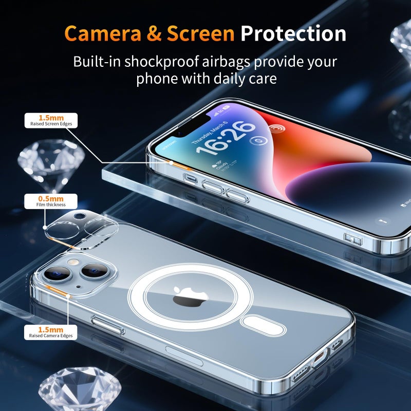 YNMEacc 5 in 1 Magnetic for iPhone 14 Case 6.1-Inch with 2X Screen Protector + 2 Lens Protector, [Compatible with MagSafe] Slim Soft TPU Silicone Shockproof Anti-Scratch Phone Cover - Clear - Image 5
