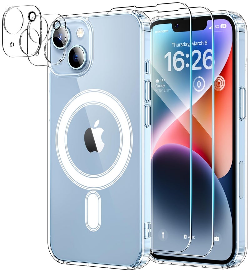 YNMEacc 5 in 1 Magnetic for iPhone 14 Case 6.1-Inch with 2X Screen Protector + 2 Lens Protector, [Compatible with MagSafe] Slim Soft TPU Silicone Shockproof Anti-Scratch Phone Cover - Clear - Image 1