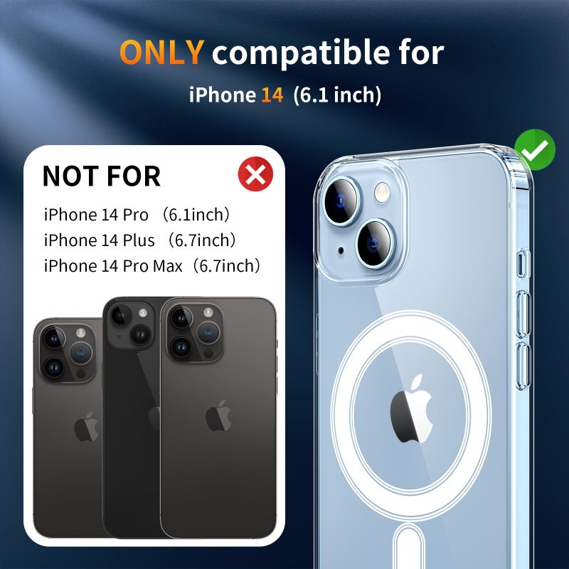 YNMEacc 5 in 1 Magnetic for iPhone 14 Case 6.1-Inch with 2X Screen Protector + 2 Lens Protector, [Compatible with MagSafe] Slim Soft TPU Silicone Shockproof Anti-Scratch Phone Cover - Clear - Image 2